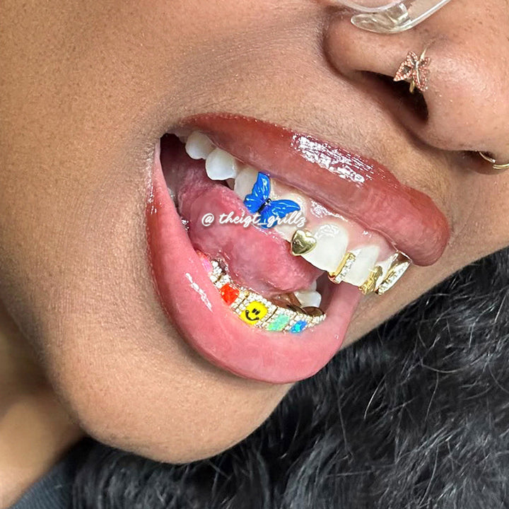 Custom Gap Bar & Colored Opal W Smile Face Grillz