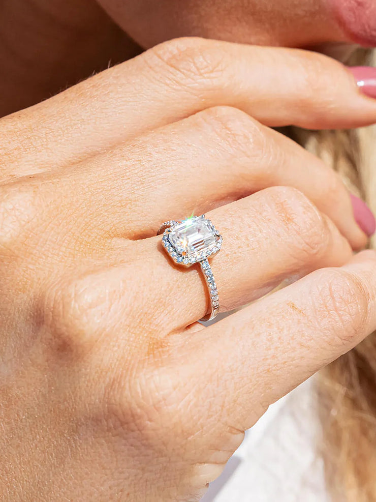 2.2CTW Moissanite Emerald Cut Halo Engagement Ring
