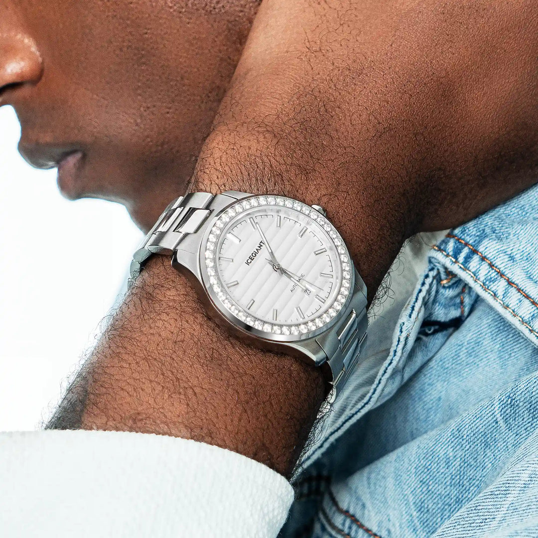 $159 Stainless Iced Moissanite Watch With White Dial