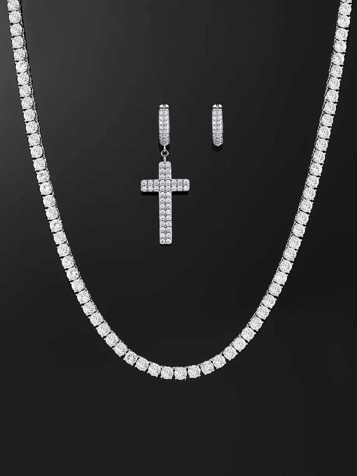 Earrings & Tennis Chain Set in White Gold [2PCS/SET]