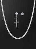 Earrings & Tennis Chain Set in White Gold [2PCS/SET]