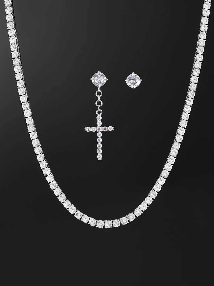 Earrings & Tennis Chain Set in White Gold [2PCS/SET]