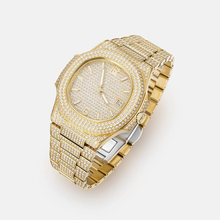 Fully Iced Out Moissanite Watch in Yellow Gold