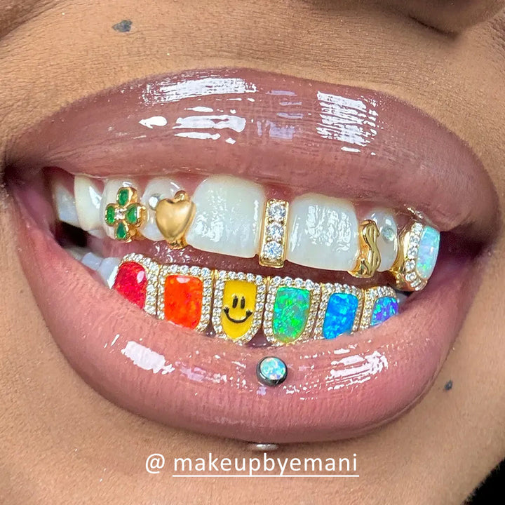 Custom Gap Bar & Colored Opal W Smile Face Grillz