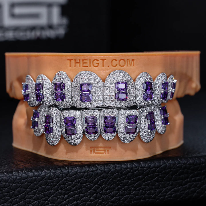 Pave Setting Diamond Grillz Radiant Cut Purple Sapphire