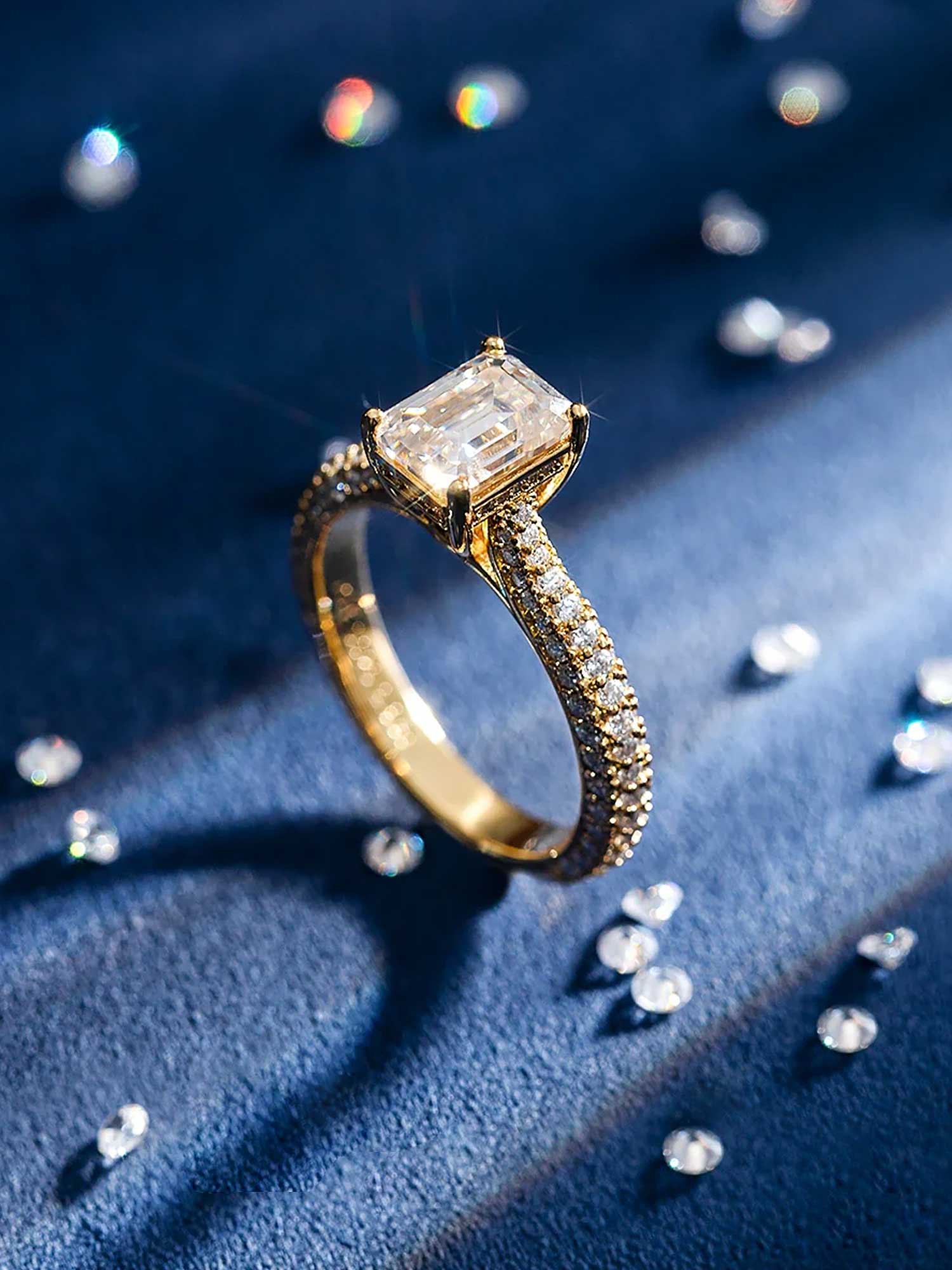 Emerald Cut Halo Ring with Side Diamonds