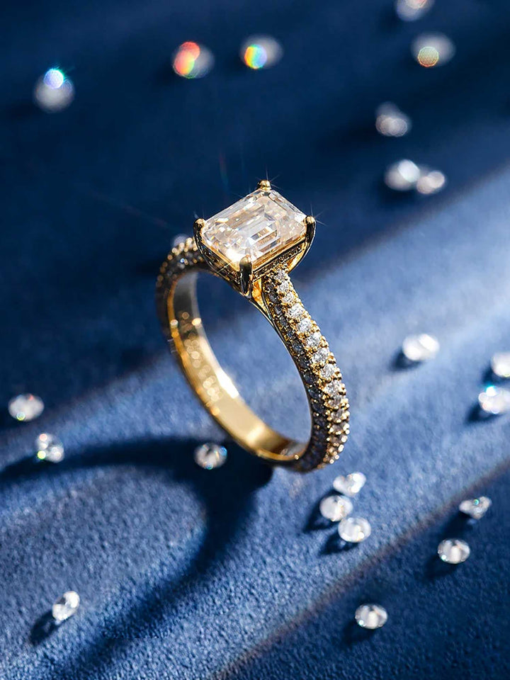 Emerald Cut Halo Ring with Side Diamonds