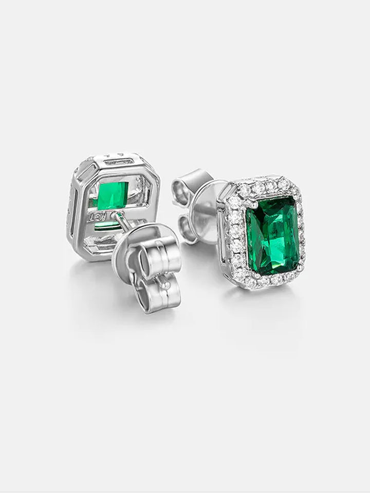 Green Moissanite Emerald Cut Halo Stud Earrings