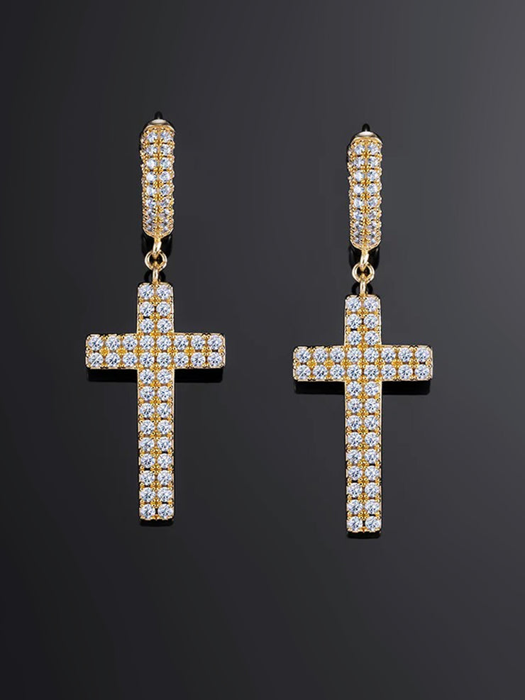 925 Sterling Silver Cross Earrings with Two-Row Gems