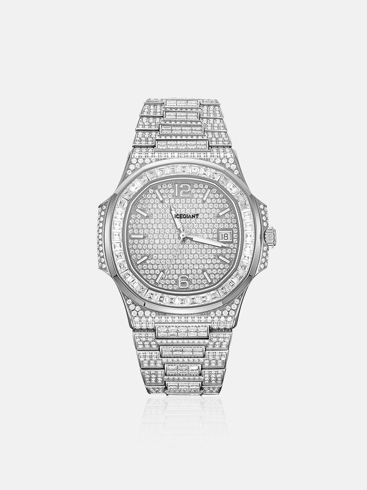 Iced Out Baguette Cut Moissanite Watch in White Gold