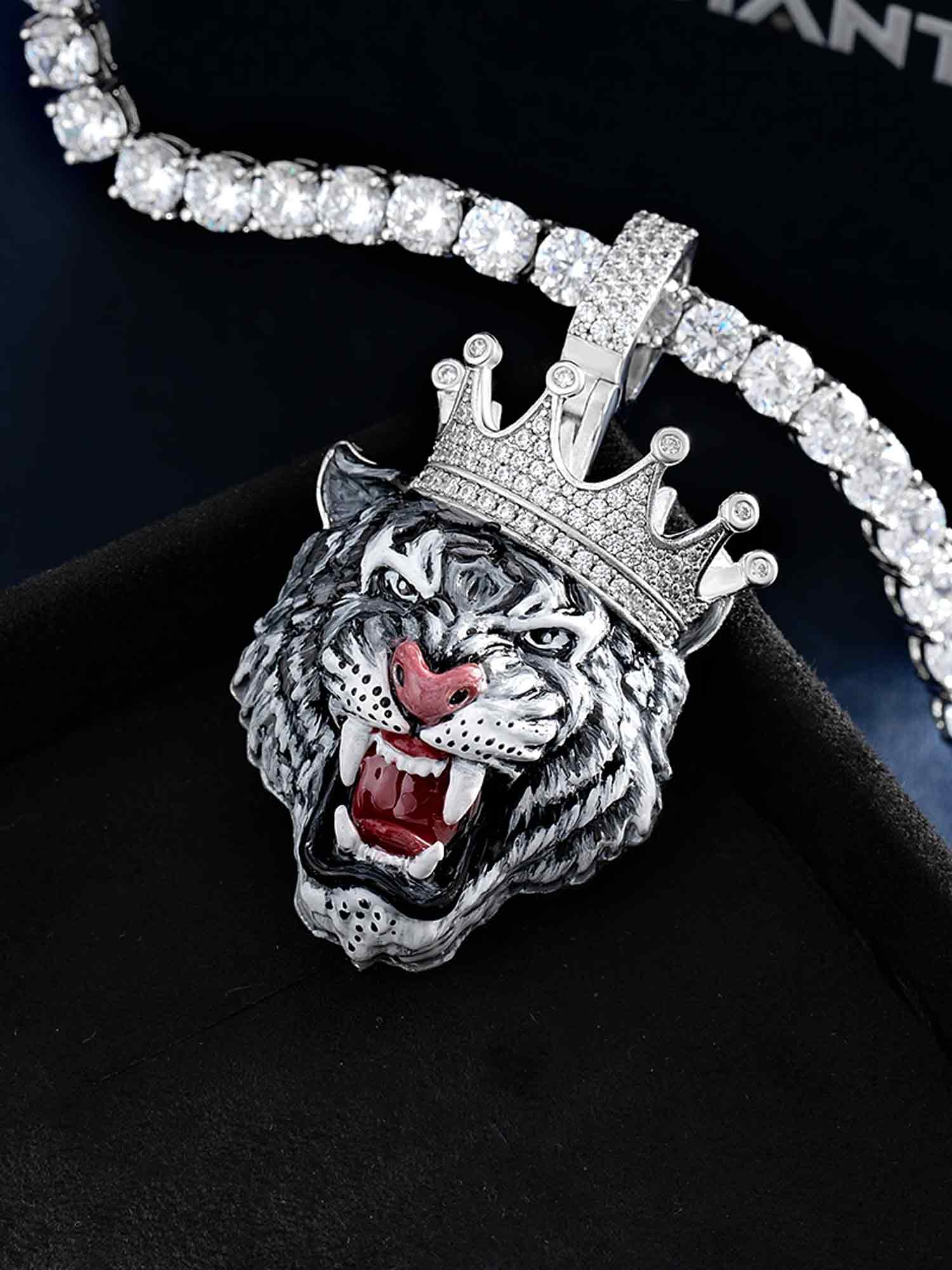 Moissanite Enamel Crown Tiger Pendant