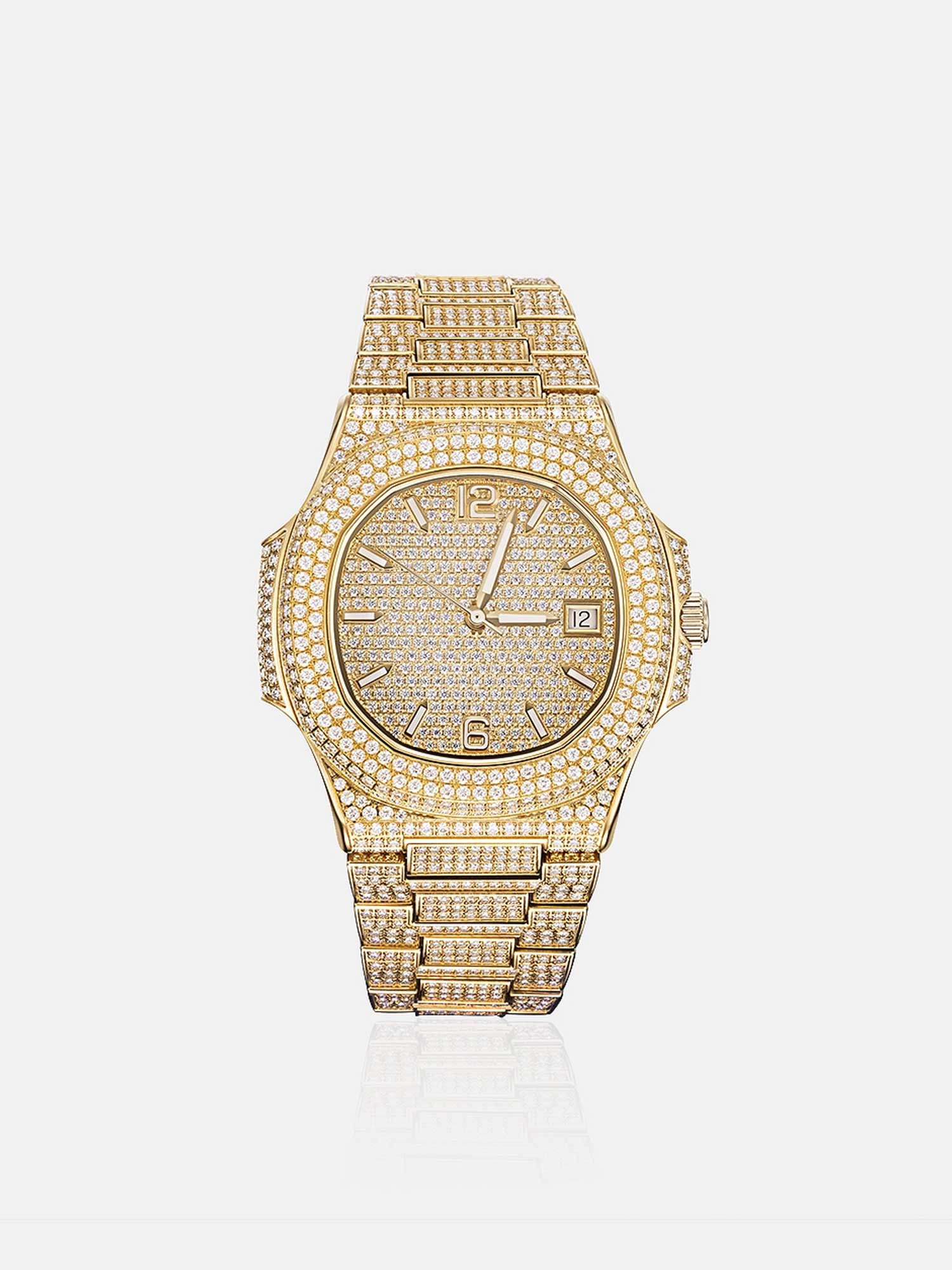Fully Iced Out Moissanite Watch in Yellow Gold