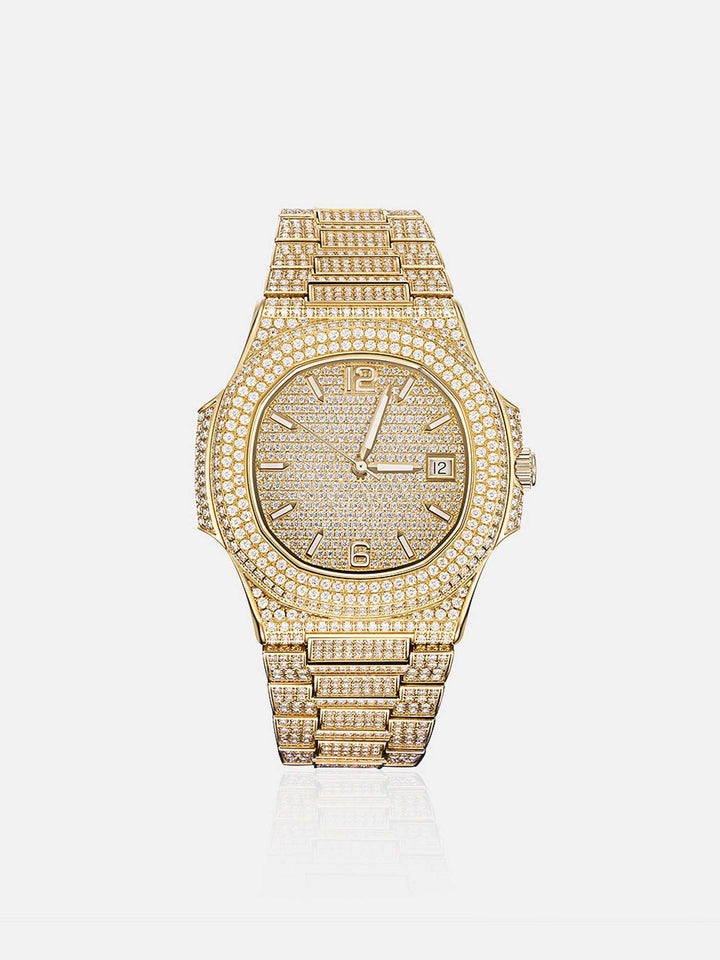 Fully Iced Out Moissanite Watch in Yellow Gold