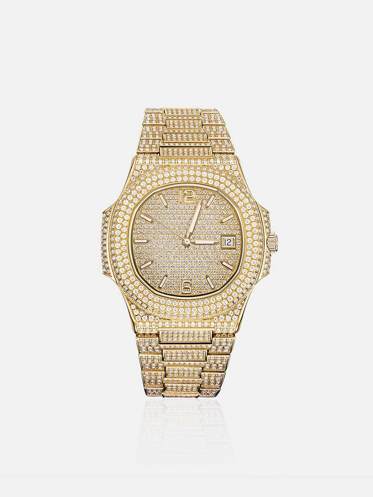 Fully Iced Out Moissanite Watch in Yellow Gold