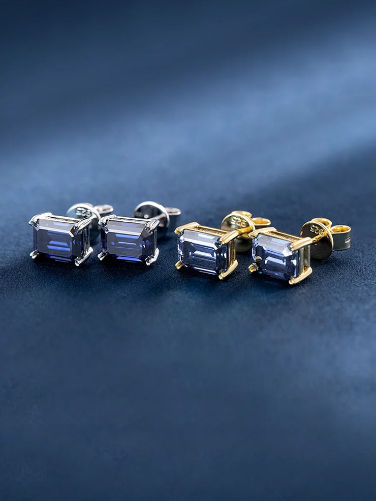 Royal Blue Moissanite Emerald Cut Stud Earrings-4.00 Carat Total