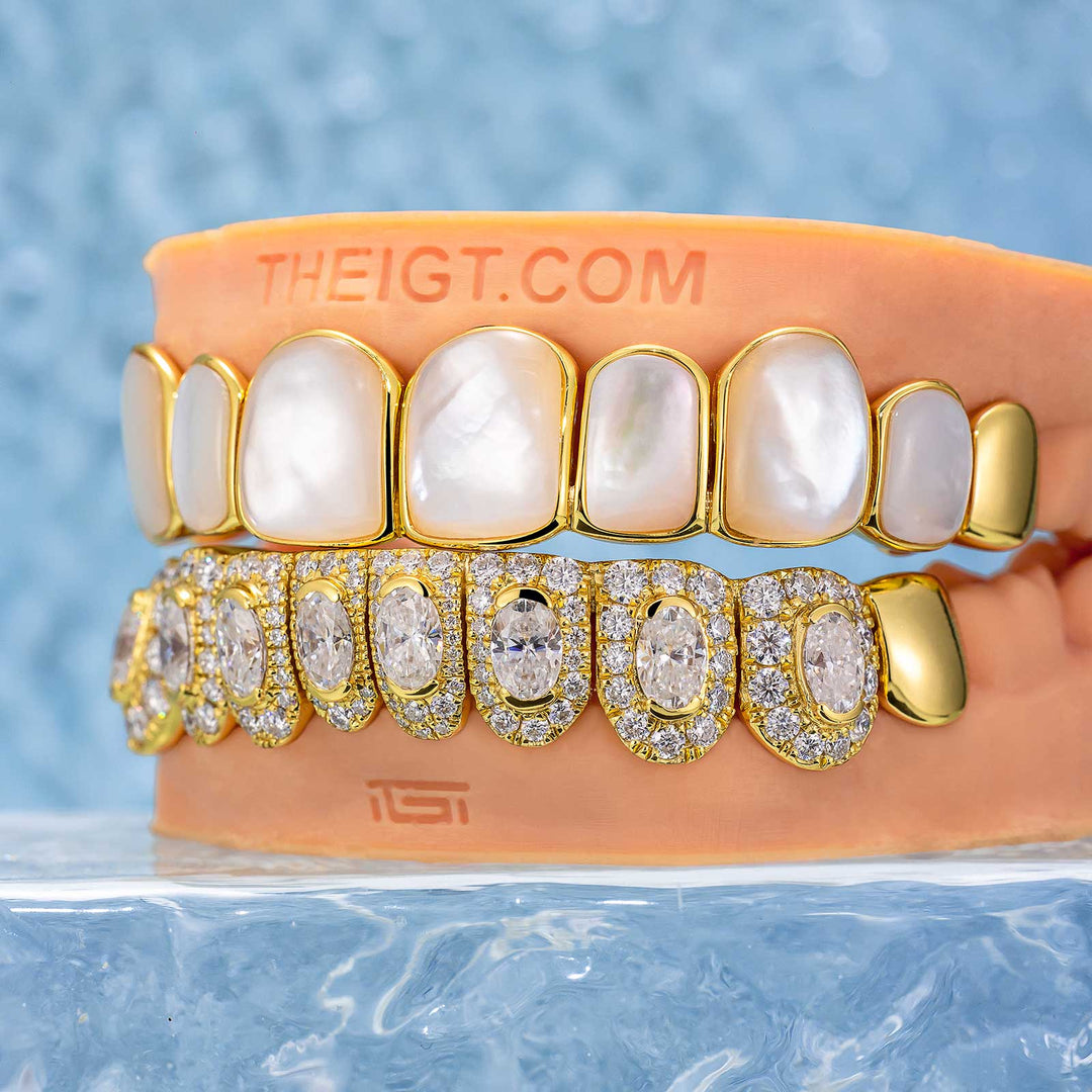 White Shell & Oval Cut Diamond Grillz