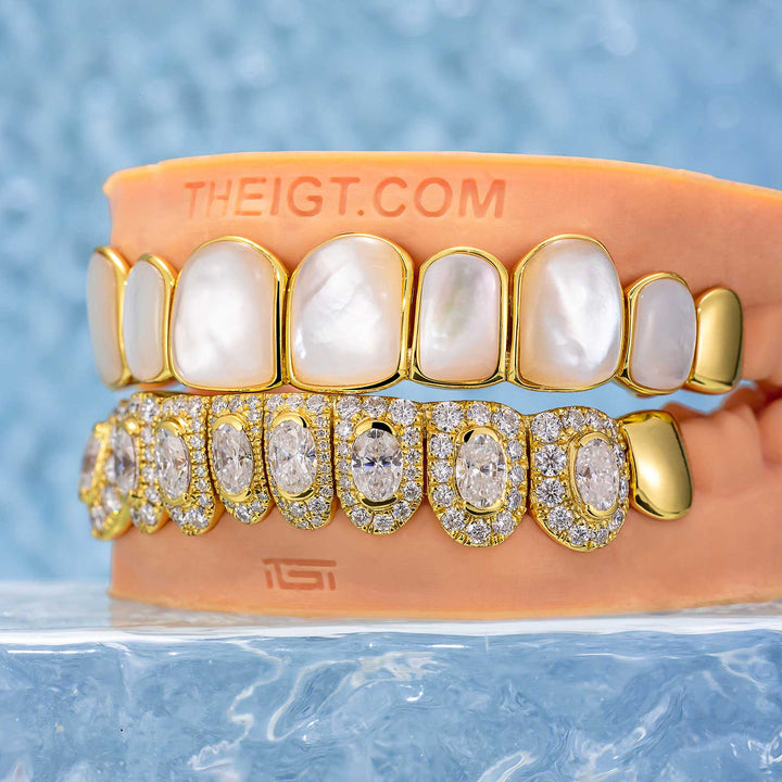 White Shell & Oval Cut Diamond Grillz