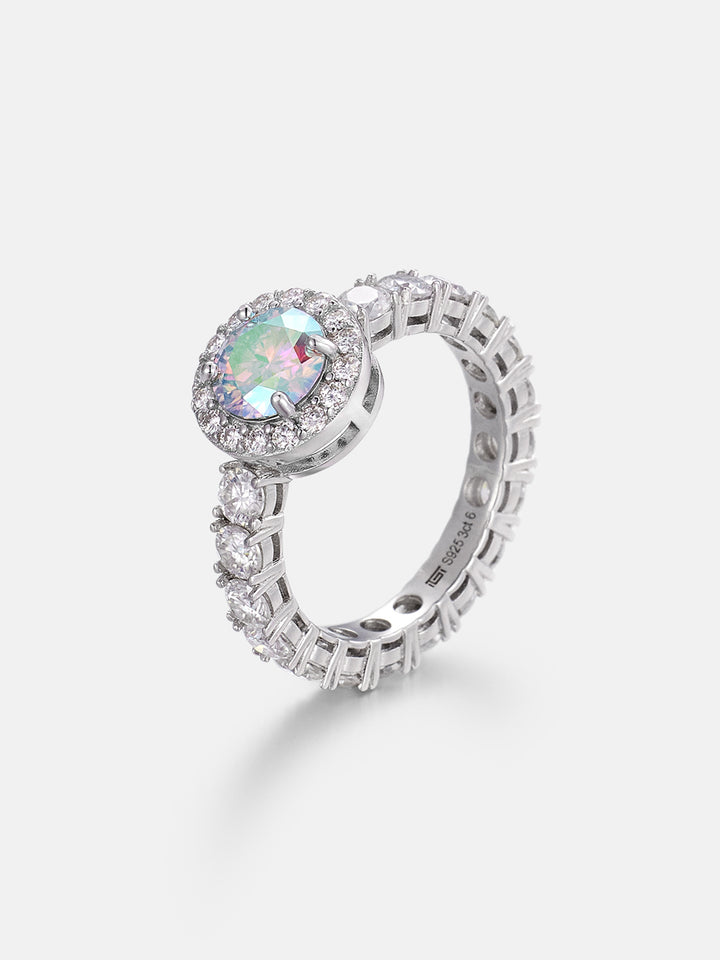 1CT Rainbow Moissanite Halo Ring with Side Diamonds