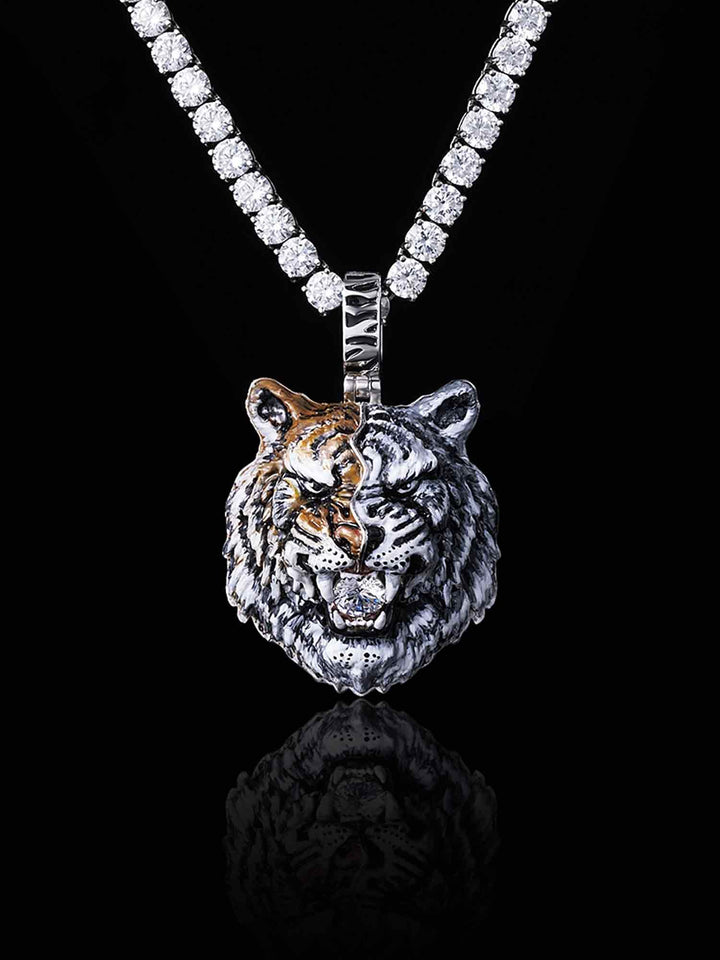 Moissanite Enamel Half White Half Orange Tiger Pendant