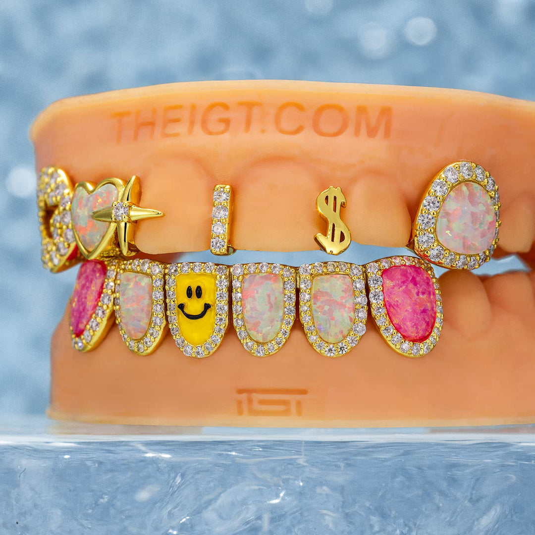 Custom Gap Bar & Colored Opal W Smile Face Grillz