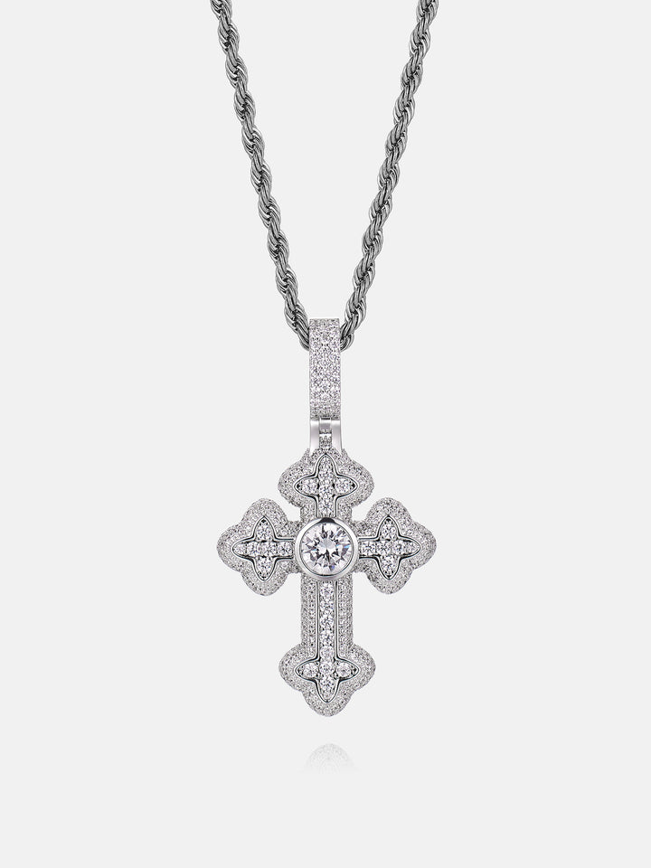 Silver cross pendant necklace on a white background