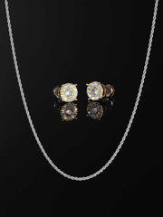 Yellow Gold Cluster Solitaire  Earrings & 3mm Rope Chain Set