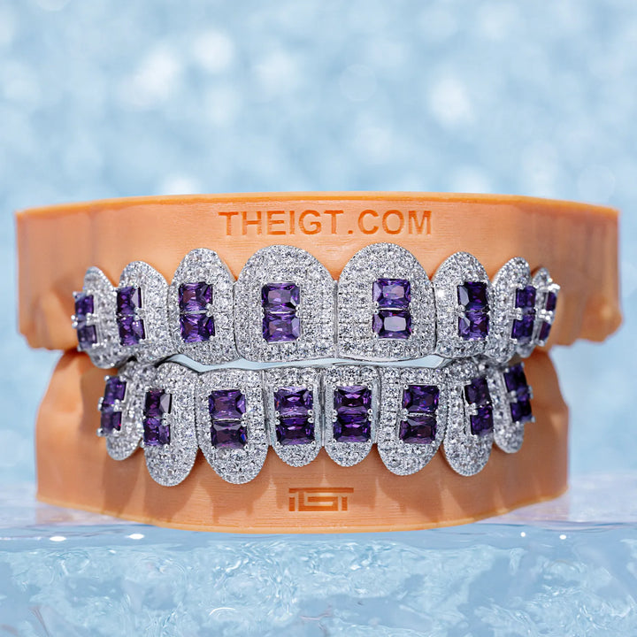 Pave Setting Diamond Grillz Radiant Cut Purple Sapphire