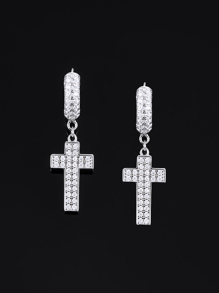 925 Sterling Silver Double Sided-drill Cross Earrings with Small Hoop