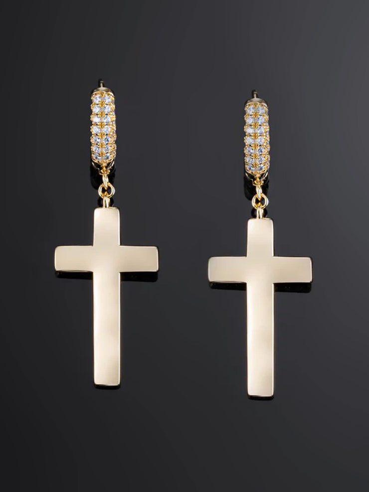 925 Sterling Silver Cross Earrings with Two-Row Gems