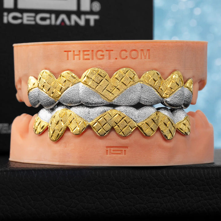 Two Tone Diamond Cut With Diamond Dust Wave Grillz