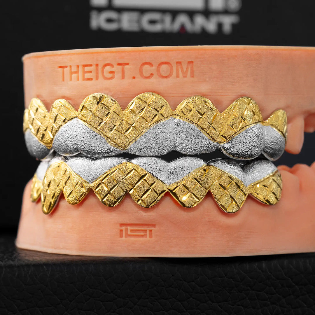 Two Tone Diamond Cut With Diamond Dust Wave Grillz