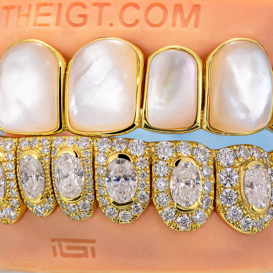 White Shell & Oval Cut Diamond Grillz