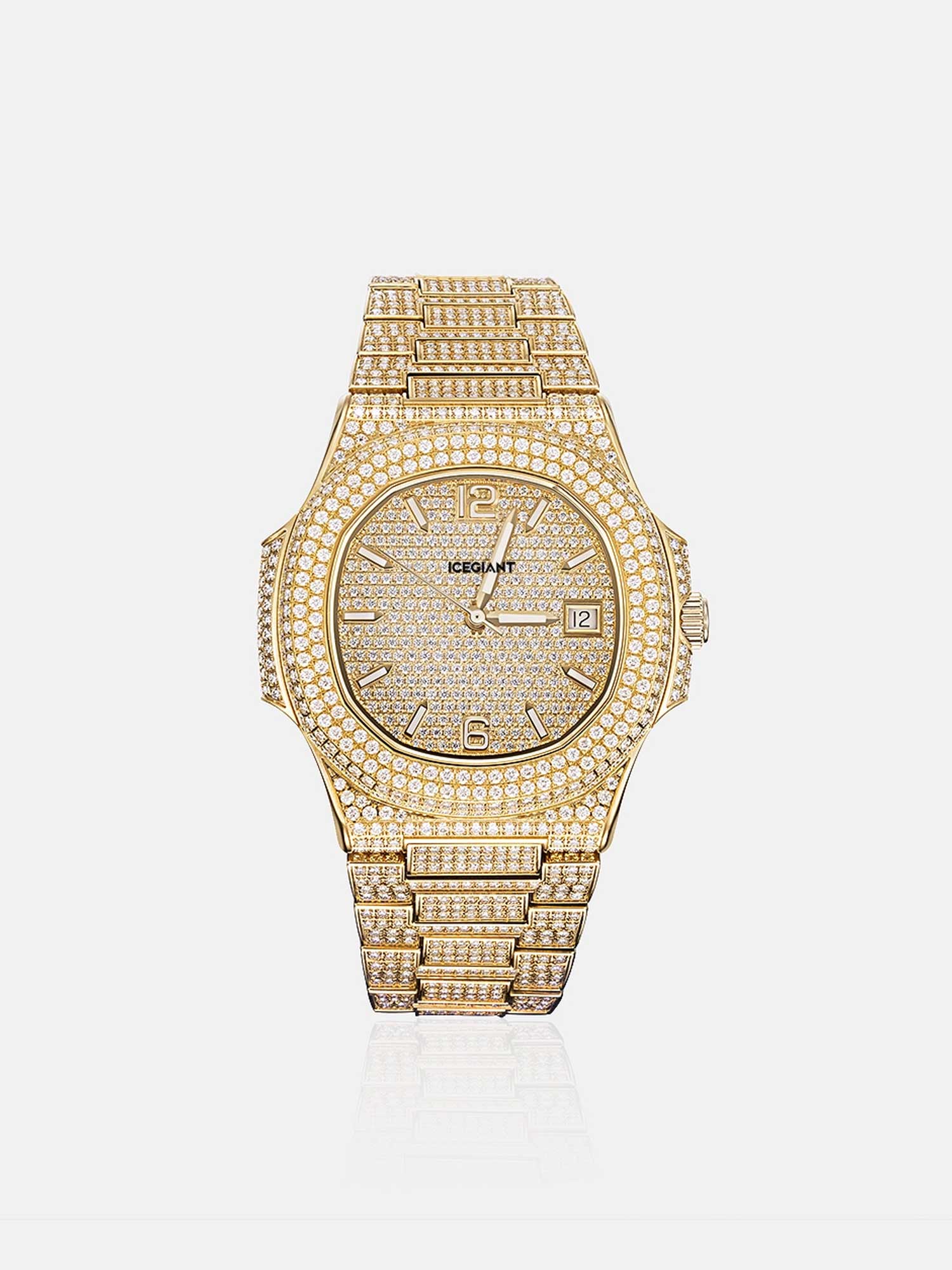 Fully Iced Out Moissanite Watch in Yellow Gold
