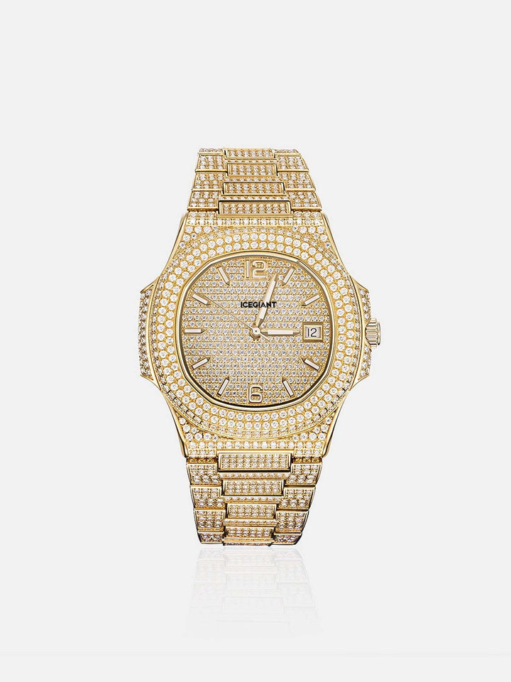 Fully Iced Out Moissanite Watch in Yellow Gold