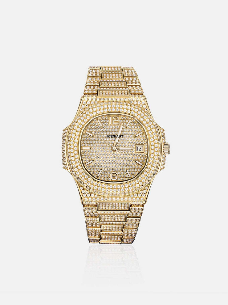 Fully Iced Out Moissanite Watch in Yellow Gold