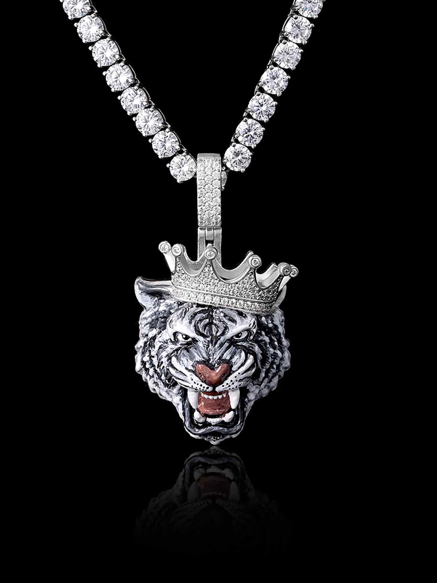 Moissanite Enamel Crown Tiger Pendant