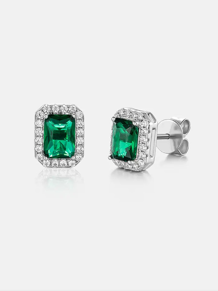 Green Moissanite Emerald Cut Halo Stud Earrings