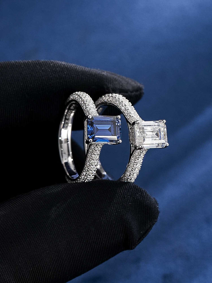 Made To Order Royal Blue Moissanite Emerald Cut Halo Ring with Side Diamonds