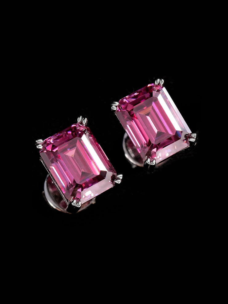 S925 Pink Moissanite Emerald Cut  Stud Earrings-4.00 Carat Total