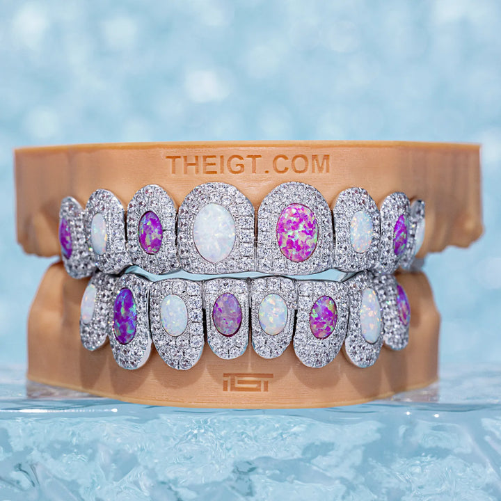 Pave Setting Diamond Grillz White & Pink Opal