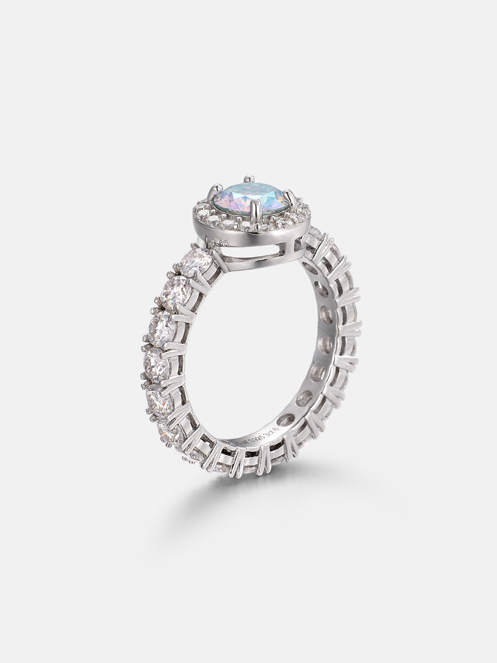 1CT Rainbow Moissanite Halo Ring with Side Diamonds