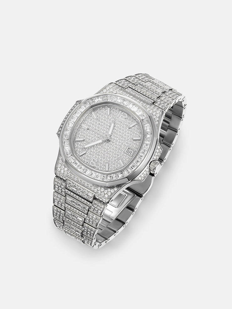 Iced Out Baguette Cut Moissanite Watch in White Gold