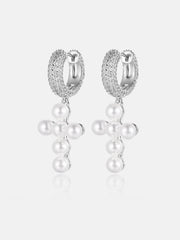 Moissanite Pearl Cross Hoop Earrings