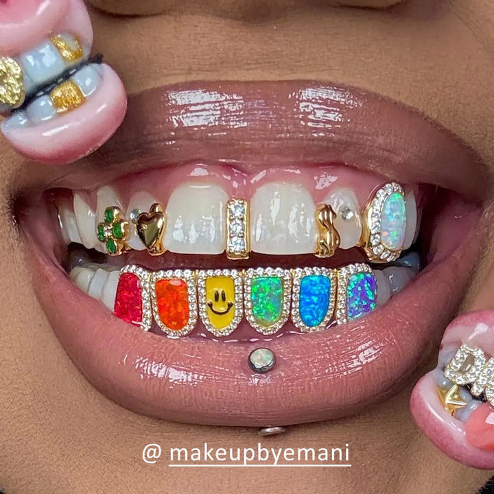 Custom Gap Bar & Colored Opal W Smile Face Grillz