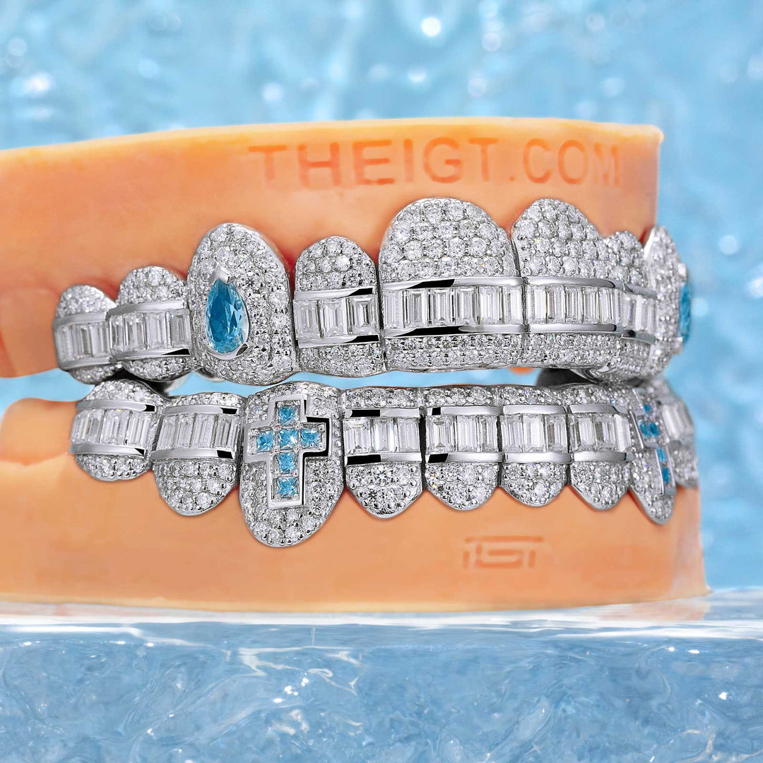 Hybrid Diamond Grillz w Cross & Pear Cut Fangs