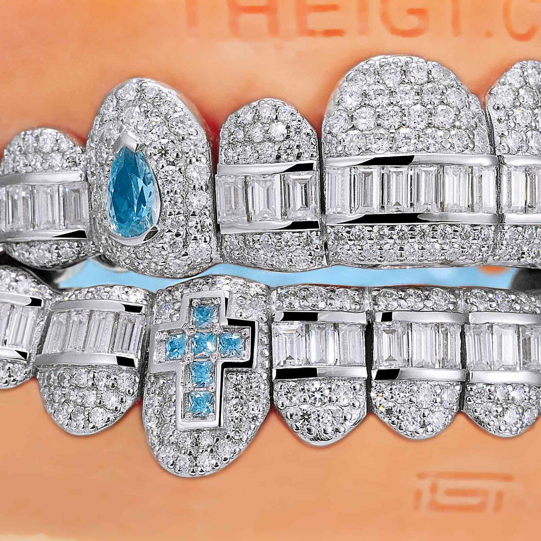 Hybrid Diamond Grillz w Cross & Pear Cut Fangs