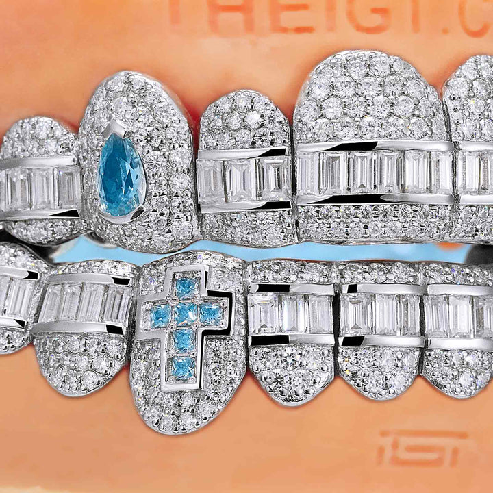 Hybrid Diamond Grillz w Cross & Pear Cut Fangs