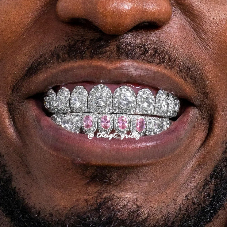 Honeymoon Set Pink Oval Cut & Heart Diamond On Fang Grillz