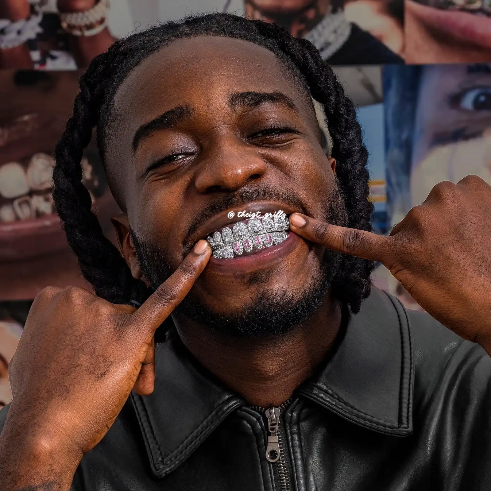 Big Pointer Set Pink Oval Cut & Heart Diamond On Fang Grillz