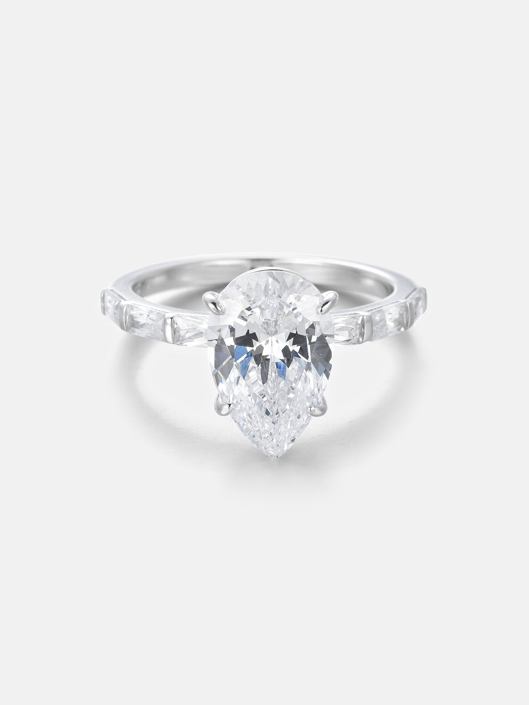 4CT Pear Cut Moissanite Ring with Baguette Band